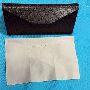 Gucci Dark Brown Monogram Glasses Case with Cleaning Cloth